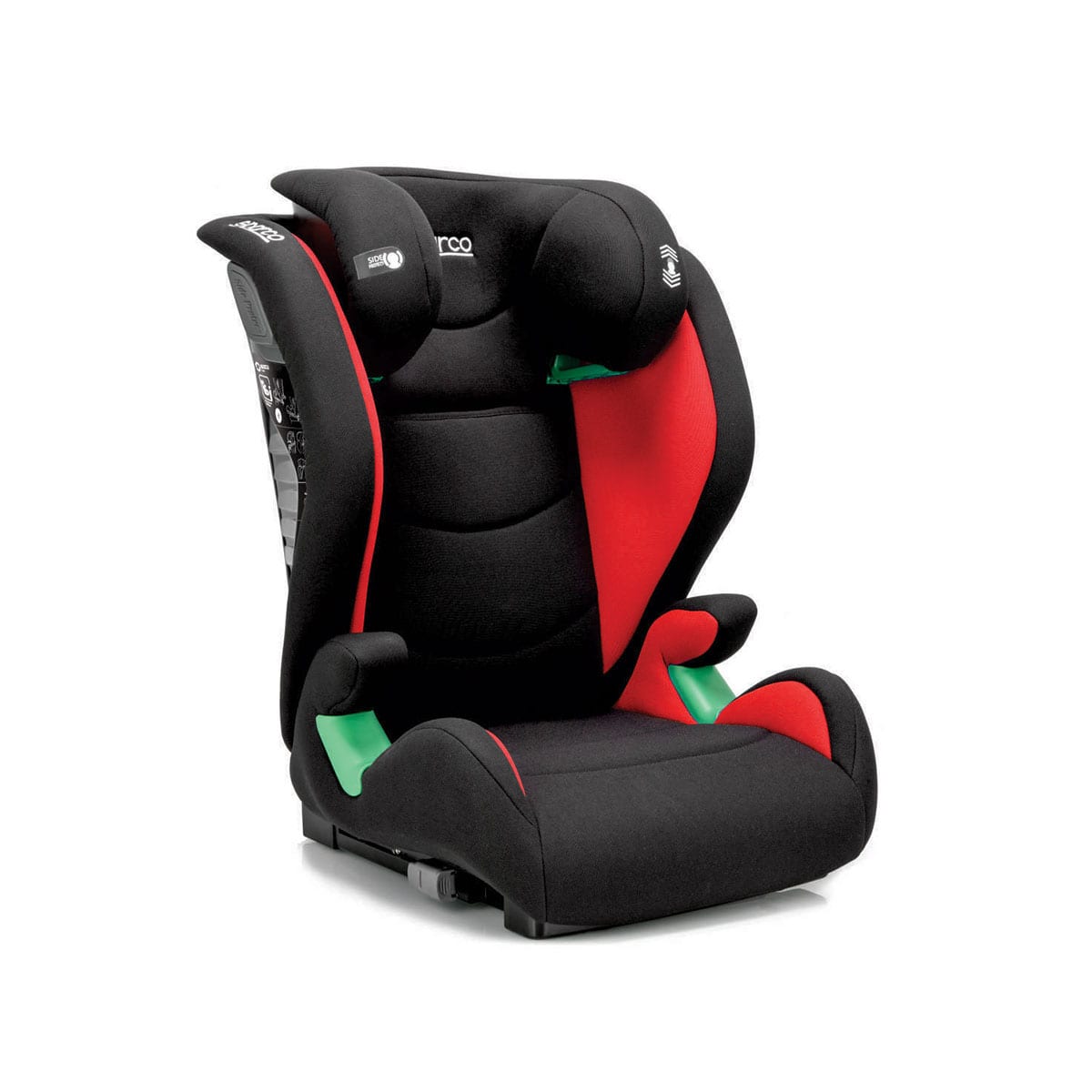 Asiento elevador Sparco SK2000i rojo, vista tres cuartos, respaldo bajo