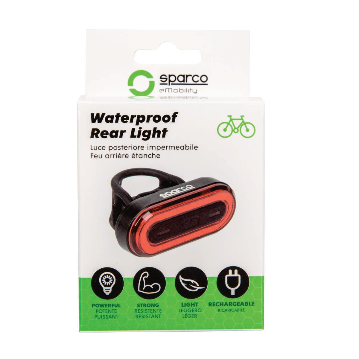 Luz trasera impermeable recargable Sparco SE705, empaque