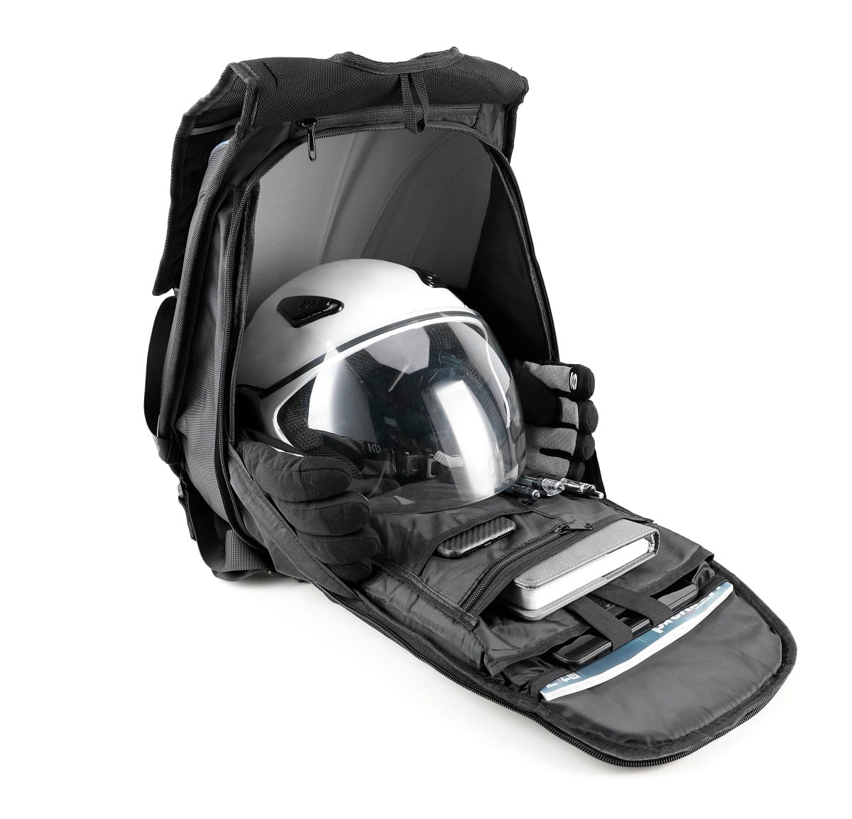 Mochila Sparco SPG305 de fibra de carbono, abierta con casco